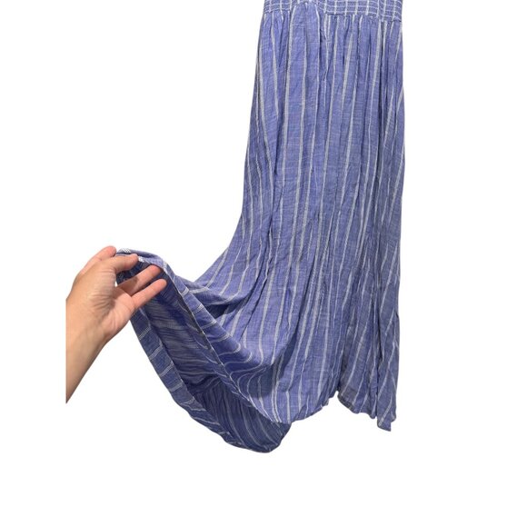 Free People Chambray Striped Dress Medium Pastel Blue Smocked Waist Ruffle Boho - Picture 9 of 16
